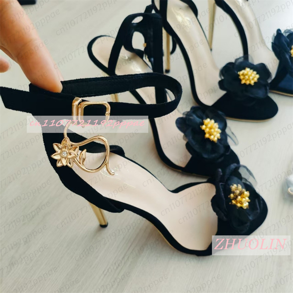 Kids Shoes Women - Women Black Tulle Flower Stiletto Sandals