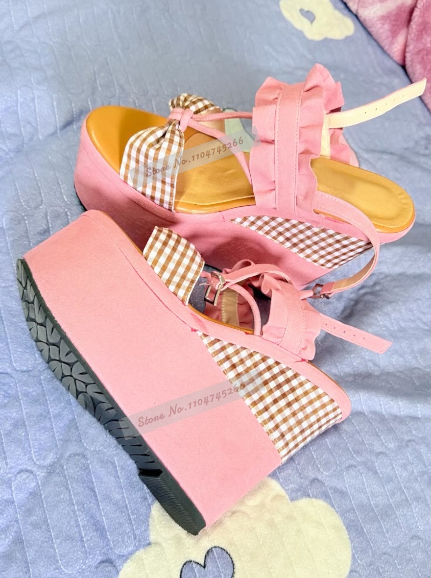 Women'S Shoes Y2K - Pink Suede Wedge Platform Sandals Plaid
