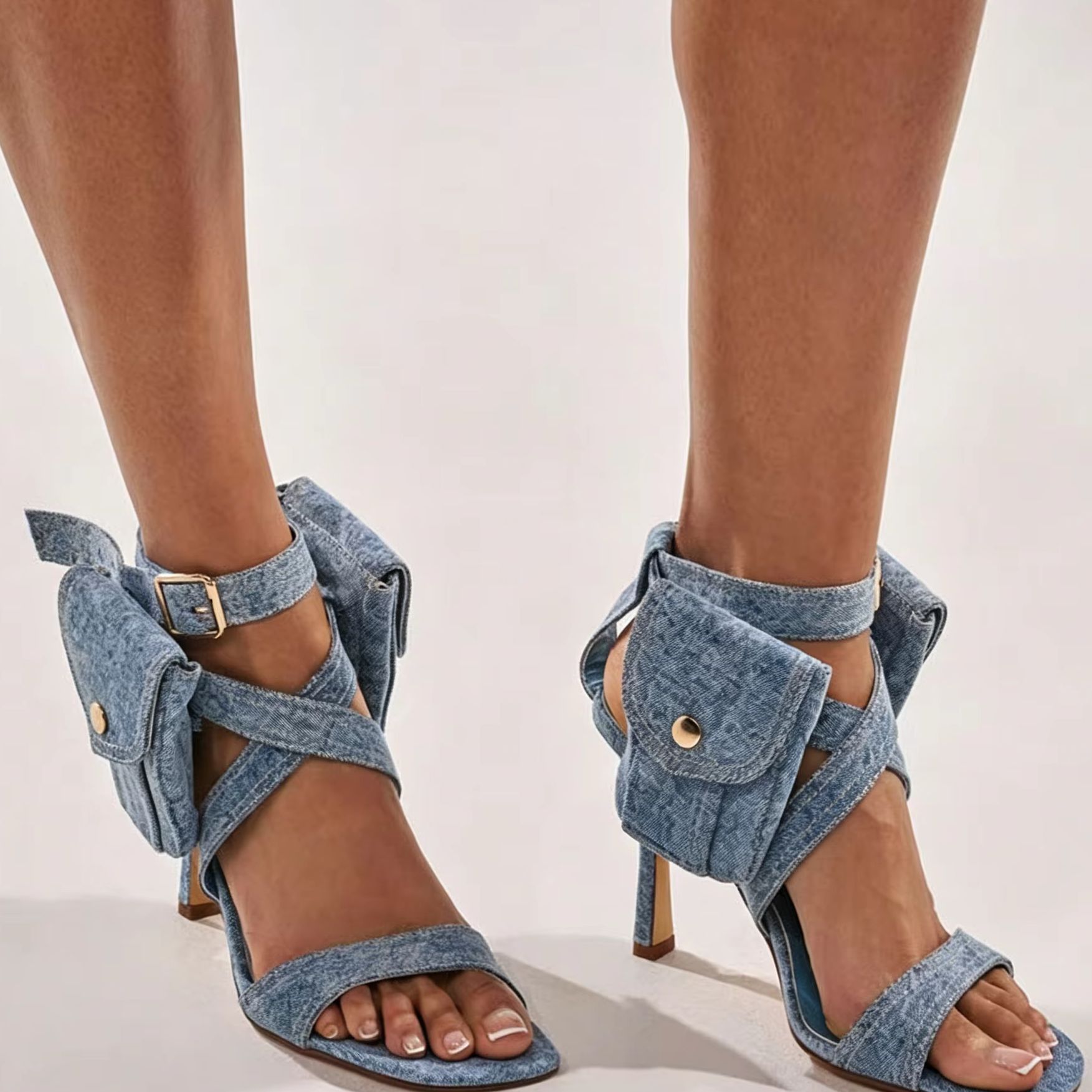 Women'S Shoes Y2K - Women Blue Denim Pocket Ankle Strap